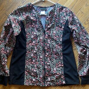 Cherokee black/red zip floral long sleeve scrub jacket S